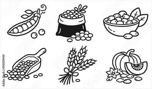World Pulses Day Line Art Icons Set. Pulses and Legumes Line Icon Set for World Pulses Day. Healthy Pulses Food Line Icon collection – Peas, Lentils and Grains Outline Illustration