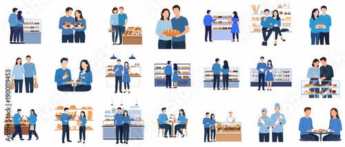 Flat Illustration Various Scenes of Couples in a Bakery Store