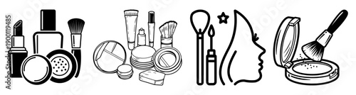 A collection of black and white illustrations related to beauty and cosmetics.