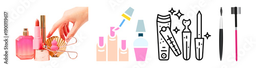 A collection of nail care tools and cosmetics displayed neatly.