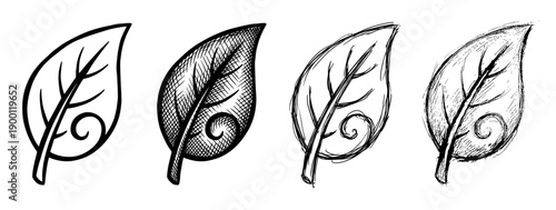 Set of four hand-drawn leaf icons showing different artistic styles from clean outline to rough sketch and cross-hatching, for ecological and nature-themed design