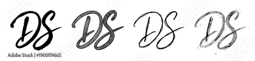 Handwritten DS monogram logo design elements in four different artistic styles, including brush stroke, crosshatch, thin script, and a rough sketchy texture for branding