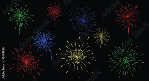 Vector fireworks set with red, blue, green, and yellow explosions on black background for celebration design
