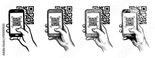 Hand holding a smartphone scanning a QR code in a set of four black and white sketch illustrations, showing the process of digital payment or mobile identification