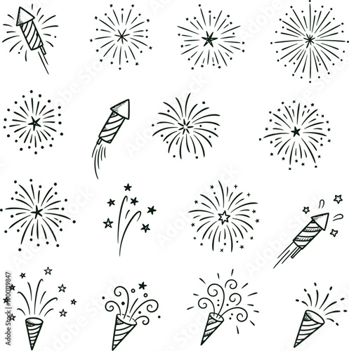 Hand drawn fireworks and rockets doodle collection illustration
