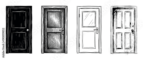 Set of four hand-drawn doors presented in a row, showcasing different artistic illustration styles from simple sketch and line art to detailed cross-hatching and bold ink