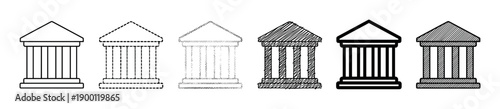Set of six classical building icons with columns shown in various artistic line styles including solid, dashed, dotted, sketched, bold, and hatched for graphic design