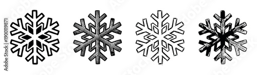 Four black hand-drawn snowflake icons in various artistic styles including sketch, solid, hatched, and woodcut textures, creating a diverse set of winter holiday symbols