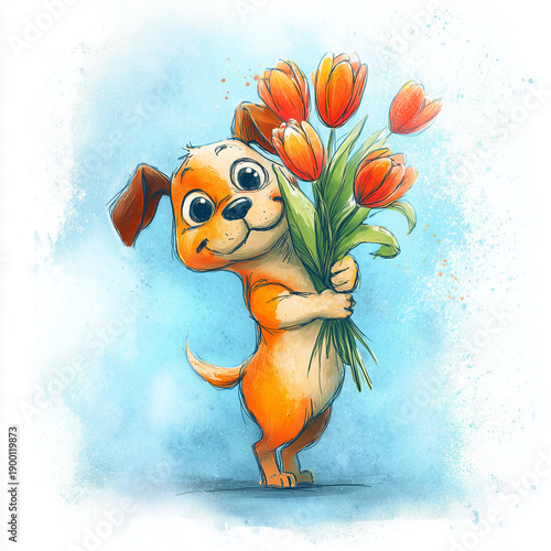 Cartoon puppy character holding a bouquet of red tulips for spring greeting cards and festive holiday celebrations.