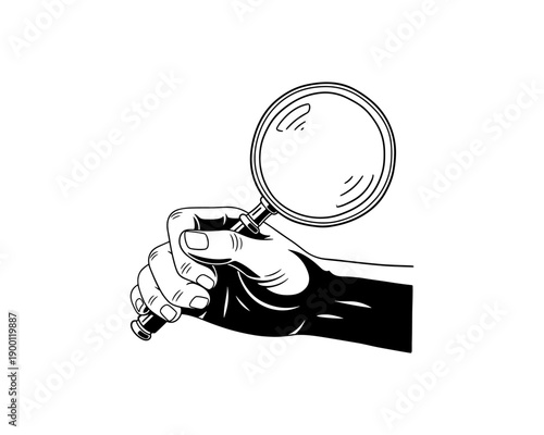 Hand holding magnifying glass in black and white style for detective themes