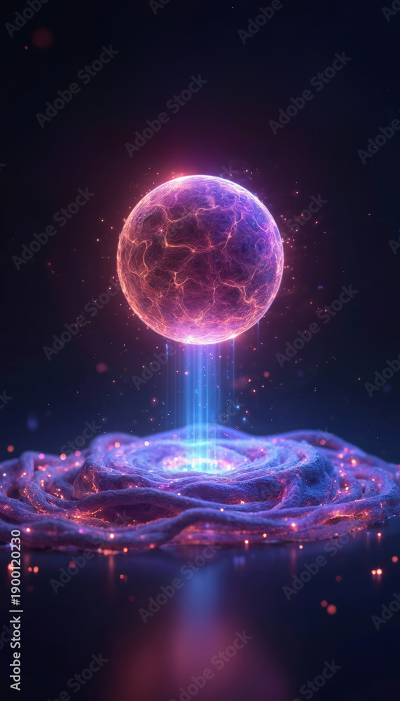 Fototapeta premium Glowing orb pulsates energy over swirling cosmic structure. Abstract light beams connect matter. Digital universe expands with bright sparks and dark void. Future tech concept.