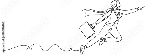 Single one line drawing young Arabian businesswoman flying on the sky while holding briefcase. Business financial growth minimal concept. one line Icon drawing