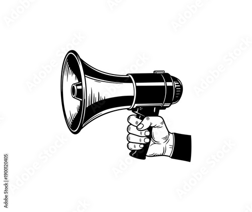 Hand holding megaphone with retro engraved style for communication and promotion