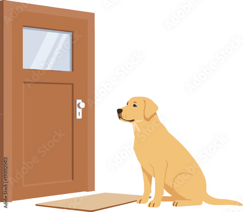 Dog waiting for owner at the door, loyal yellow Labrador sitting on floor mat near closed entrance, flat vector illustration of pet patience and separation anxiety concept.