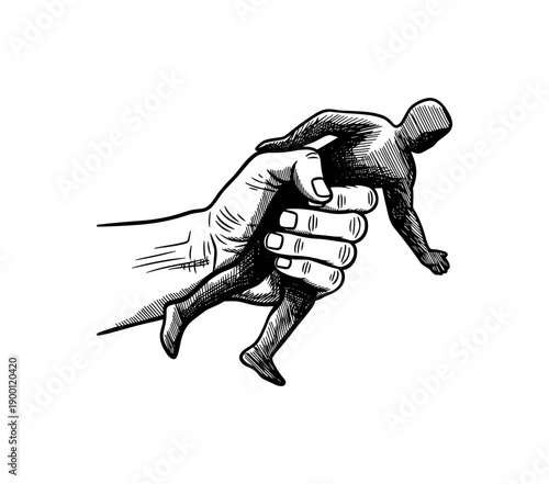 Hand holding small human figure in engraved style drawing on white background