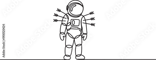Single one line drawing the astronaut standing and several arrows stuck in the back. Attacked from behind. Destroyed and helpless. Fake partner. Traitor. one line Icon drawing