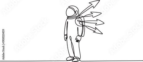 Single one line drawing the astronaut standing and several arrows stuck in the back. Attacked from behind. Destroyed and helpless. Fake partner. Traitor. one line Icon drawing
