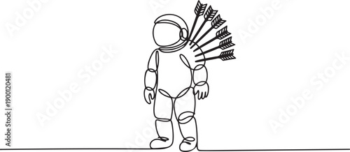 Single one line drawing the astronaut standing and several arrows stuck in the back. Attacked from behind. Destroyed and helpless. Fake partner. Traitor. one line Icon drawing