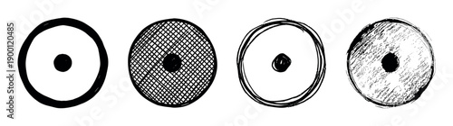 Hand-drawn black circumpunct symbols in a row with various grunge, scribble, and crosshatch textures, a minimalist graphic illustration set of ancient esoteric signs