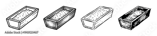 Four rectangular wooden planter boxes filled with soil are shown in a hand-drawn sketch style, illustrating a progression from simple line art to detailed cross-hatching