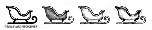 Collection of four hand-drawn sleigh illustrations in various artistic styles, including bold line art, cross-hatching, and rough sketch for winter holiday designs