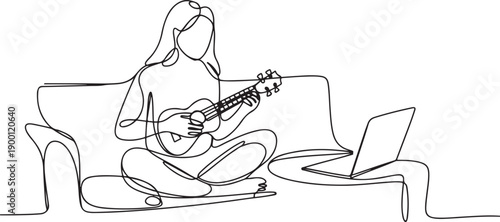 Continuous one line drawing woman sit cross legged on sofa play ukulele looks at laptop screen. Learn practice from expert. National Play Your Ukulele Day. one line Icon drawing
