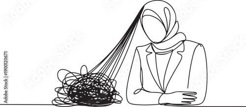 Continuous one line drawing Arabian businesswoman under heavy messy line burden. Stress burden, anxiety from work difficulty, overload, economic crisis problem. one line Icon drawing