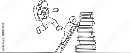 Single continuous line drawing astronaut kicks opponent who climbing a pile of books with a ladder. Failed to gain access to profitable business principles. Rival. one line Icon drawing