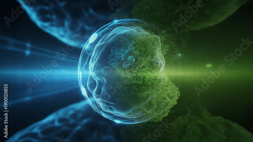 Glowing green brain with blue light rays in futuristic abstract background