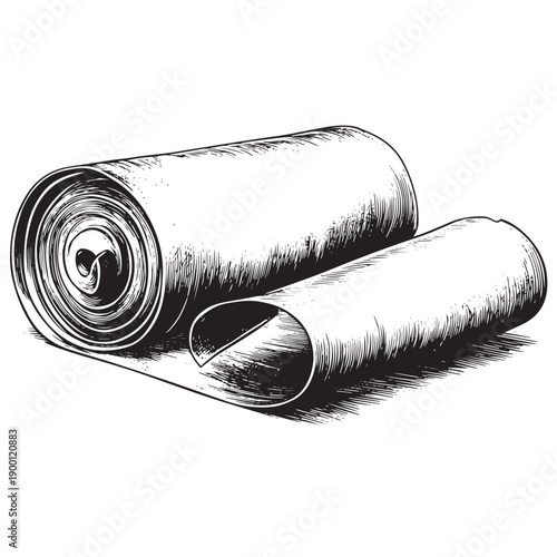 Hand-drawn black and white sketch of two rolled bandages, one fully wound tightly, the other partially unrolled, showcasing texture and detail in a graphic style.