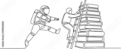 Single continuous line drawing astronaut kicks opponent who climbing a pile of books with a ladder. Failed to gain access to profitable business principles. Rival. one line Icon drawing
