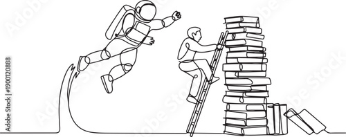 Single continuous line drawing astronaut kicks opponent who climbing a pile of books with a ladder. Failed to gain access to profitable business principles. Rival. one line Icon drawing