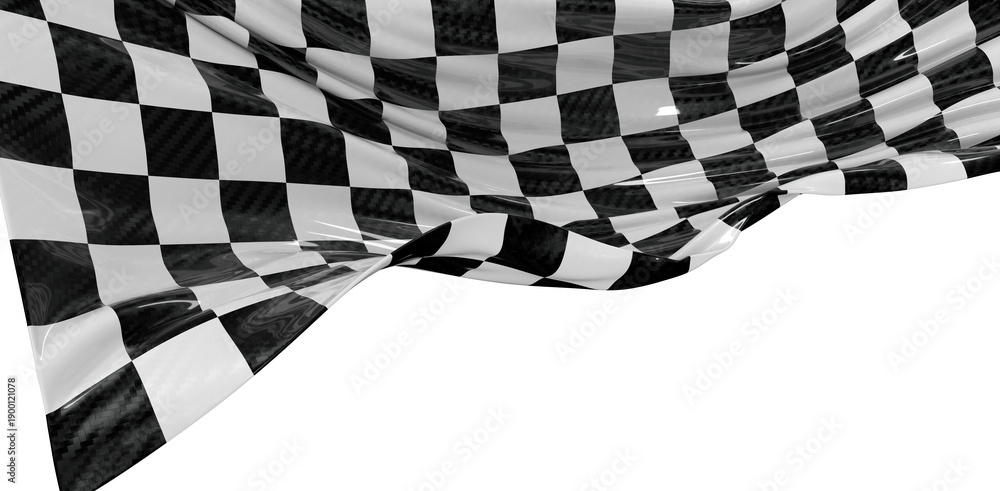 Obraz premium Black and white checkered flag waving against white background. Perfect for motorsports, racing, victory, competition co