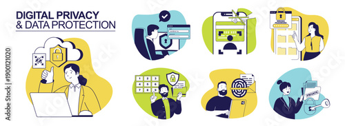 Digital privacy and Data protection concept set for web design. Collection with people protecting personal information, using safety access with passwords and biometric scans. Vector illustration.
