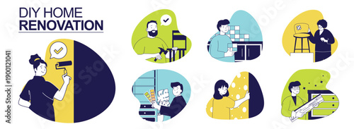 DIY home renovation concept set for web design. Collection with people painting walls, assembling or repairing furniture, choosing colours for wallpapers, constructing and fixing. Vector illustration.