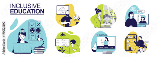 Inclusive education concept set for web design. Collection with people in wheelchair learning learning online, blind person reads braille, deaf person watch lesson with subtitles. Vector illustration.