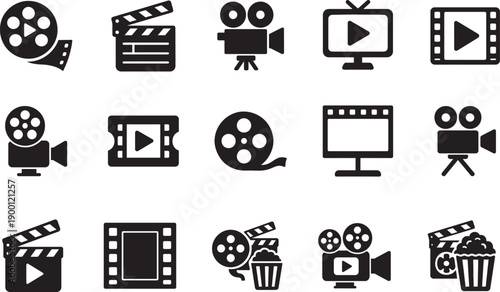   Cinema icon set with movie, film, video and TV symbols. Flat vector EPS icons for apps and websites.