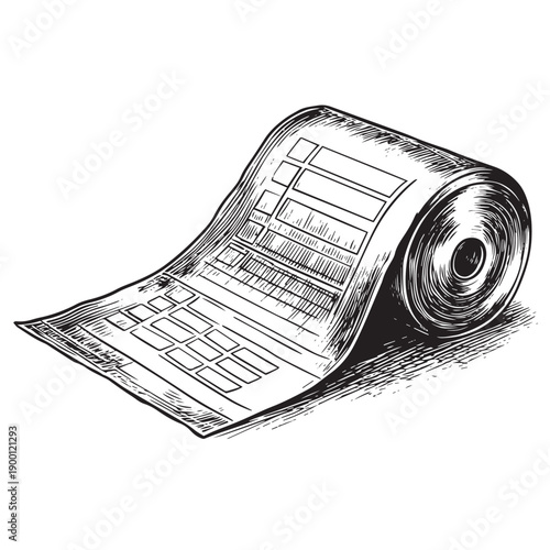 Detailed hand-drawn sketch of a unrolled receipt or invoice, showcasing rows of text and boxes, rendered in a classic ink wash style, representing financial transactions.