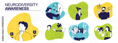 Neurodiversity awareness concept set for web design. Collection with people having neurology diversity, autism and adhd, sensitivity, representing unique mental differences. Vector illustration.