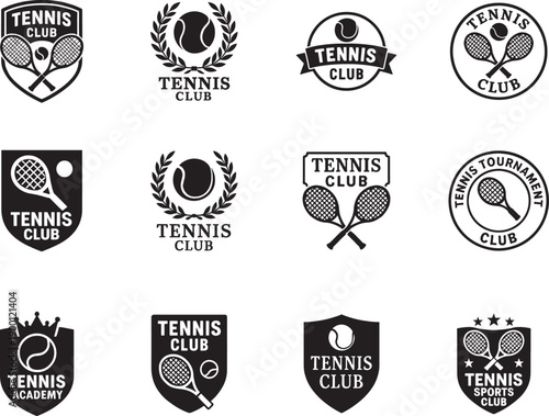   Set of tennis club badges in vector EPS, ideal for sports, clubs, tournaments, and branding.