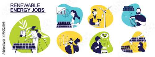 Renewable energy jobs concept set for web design. Collection with people work as technicians at wind turbines or solar panels stations, analyzing and controlling energy factory. Vector illustration.