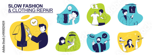 Slow fashion and Clothing repair concept set for web design. Collection with people sewing apparels, upcycling fabric, choosing eco clothes and textiles, reusing and recycling. Vector illustration.