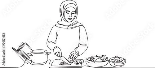 Continuous one line drawing beautiful Arabian woman cooking meal while reading tutorial book on cozy kitchen table at home. Healthy food lifestyle. one line Icon drawing