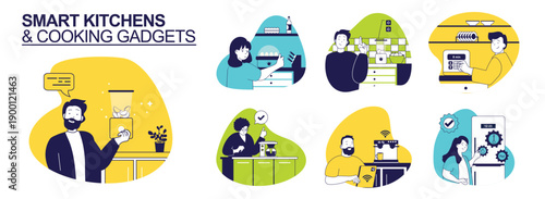 Smart kitchens and Cooking gadgets concept set for web design. Collection with people use blender, egg cooker, coffee machine, other appliance with wireless and interface in app. Vector illustration.