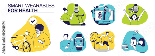 Smart wearables for health concept set for web design. Collection with people use wristwatch with data tracker for monitoring while cycling, treadmill running, sport tracking. Vector illustration.