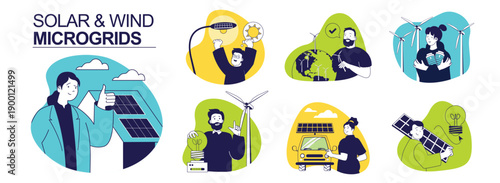 Solar and wind microgrids concept set for web design. Collection with people using solar panels at house rooftop, wind turbines generation, renewable home electricity system. Vector illustration.
