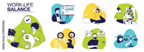 Work-Life balance concept set for web design. Collection with people keep job and home in harmony, balancing career and family, managing stress, lifestyle and mental health. Vector illustration.