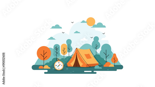 Flat style illustration of a peaceful forest campsite features an orange tent, green and orange trees, a large compass, and a yellow sun.