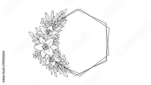 Sophisticated hexagonal frame is beautifully adorned with detailed line art of blooming lilies, small berries, and various types of leaves.