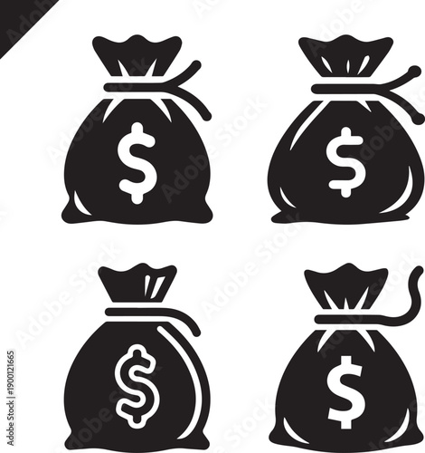 Four black money bags with dollar signs on transparent background silhouette SET